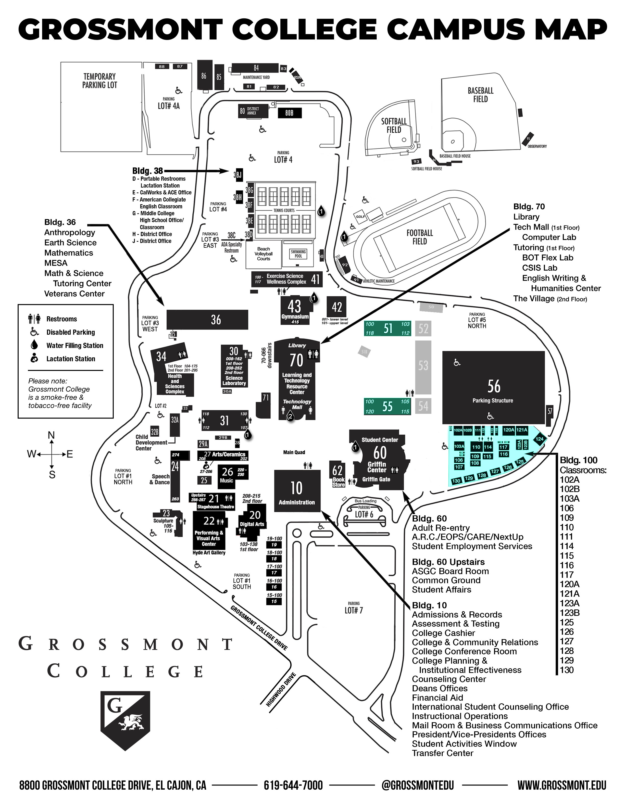a black and white map of campus buildings with blue-green areas to locate English Department facilities