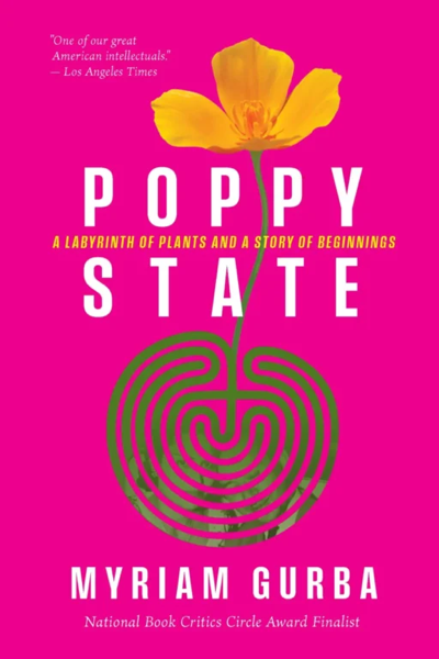 a pink book cover for “Poppy State” by Myriam Gurba, with a stylized flower and roots