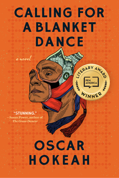an orange book cover for “Calling for a Blanket Dance” by Oscar Hokeah, with a stylized human profile 