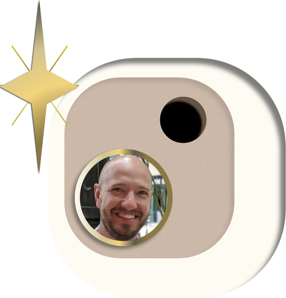 a gold star beside a face, Aaron Burch, in a gold circle