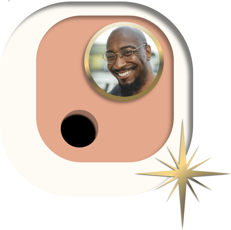 a gold star beside a face, Phillip B. Williams, set inside a gold ring