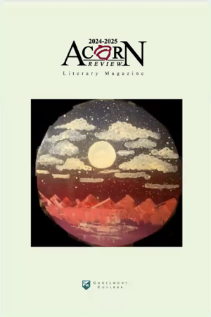 A magazine cover, Acorn Review Literary Magazine, with a round, abstract painting of light yellow clouds and a full Moon over red and orange jagged mountains