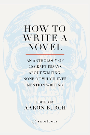 A book cover, How to Write a Novel, by Aaron Burch, with black text against a light blue sketch of a skull