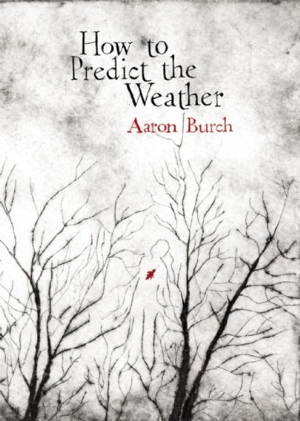 A book cover, How to Predict the Weather, by Aaron Burch, with a painting of silhouetted bare tree branches forming the outline of a person with one red leaf where a heart would be