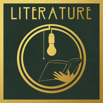 A green logo for Grossmont College’s Literature Program with text in gold leaf and a silhouette of a hand holding an open book under a light bulb