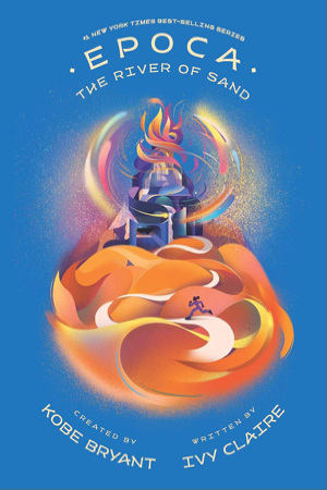An abstract book cover, Epoca: River of Sand, by Ivy Pochoda, with a blue background with a person running up a path toward a castle engulfed in burning sands
