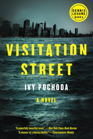 A book cover, Visitation Street, by Ivy Pochoda, with a city skyline seen from across choppy waters 