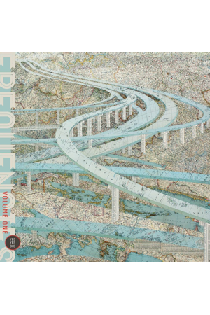 A CD music/book cover, Frequencies, Volume One, which includes Burn, by Phillip B. Williams, with an abstract tangle of curved roads and freeway overpasses made from geographical maps