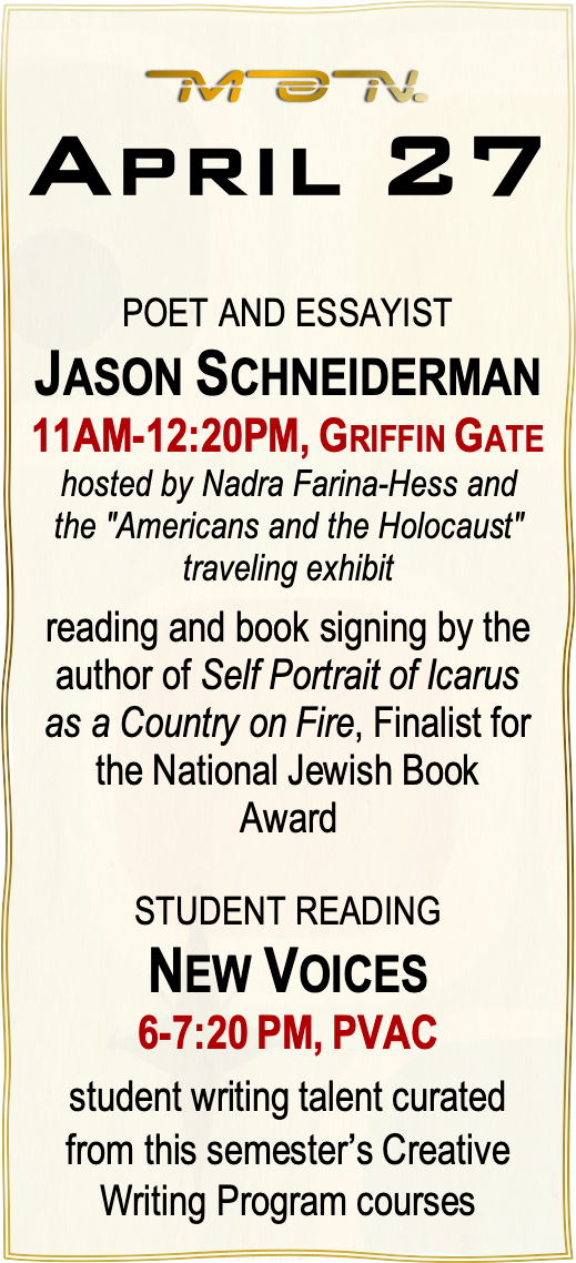 A panel with a calendar date, April 27, listing Literary Arts Festival events for that day