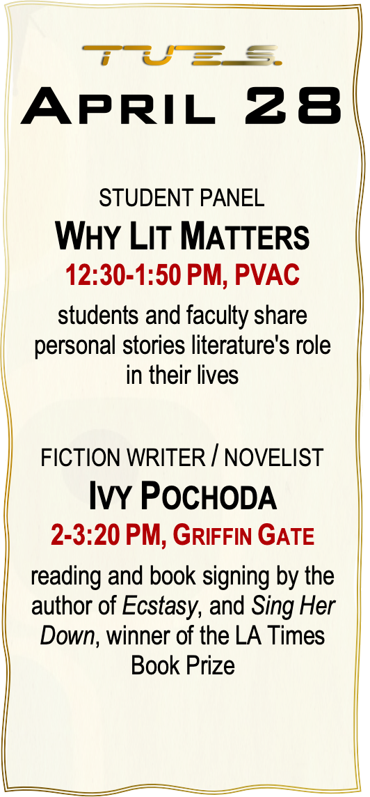 A panel with a calendar date, April 28, listing Literary Arts Festival events for that day