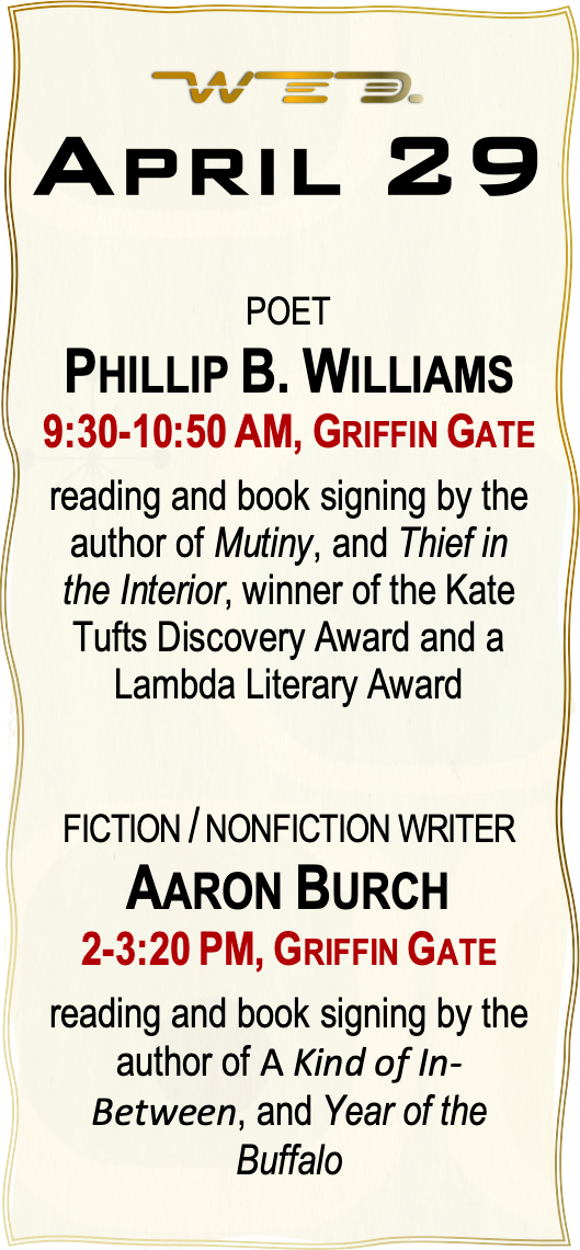 A panel with a calendar date, April 29, listing Literary Arts Festival events for that day