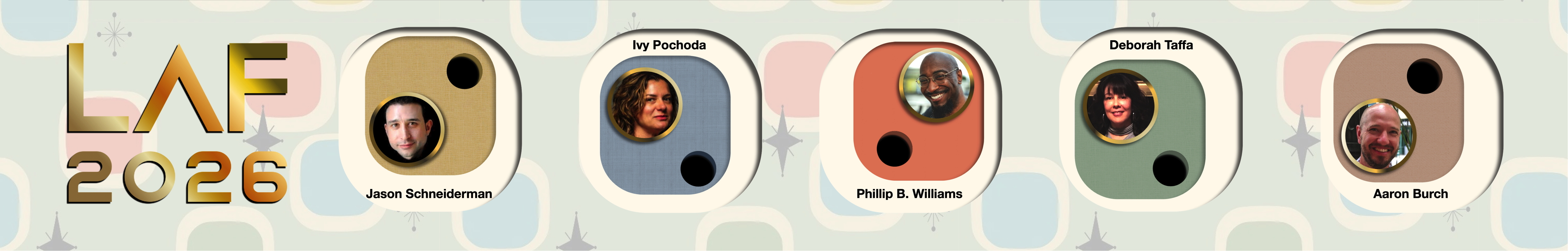 a banner of inset cartouches with faces in polished gold rings