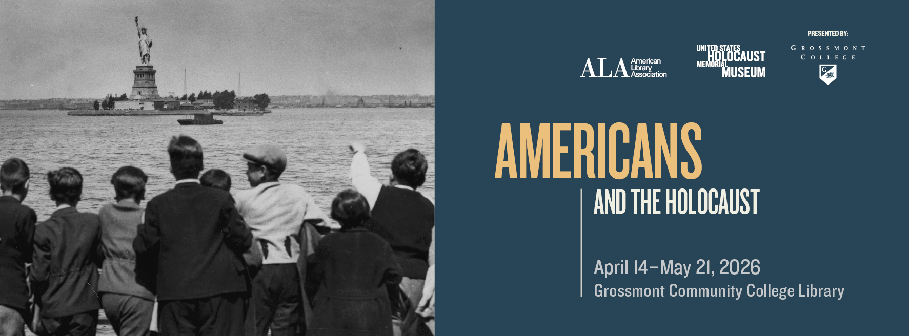 A photo of immigrants and refugees on a harbor looking at the Statue of Liberty, gold and white text against a dark blue background
