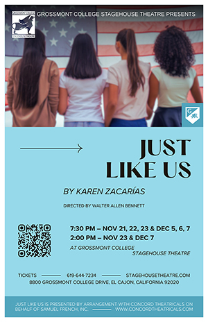 Just Like Us poster with four hispanic teenagers in a row with their arms around each others waist.