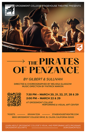 Orange poster of "The Pirates of Penzance" with a group of pirates sitting in a boat.