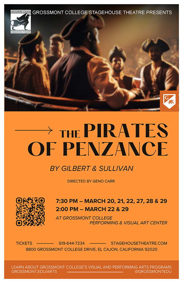 The Pirates of Penzance poster with pirates sitting in a small boat.