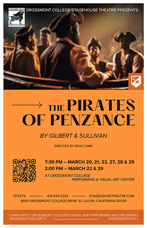 The Pirates of Penzance Poster with pirates in a small boat.