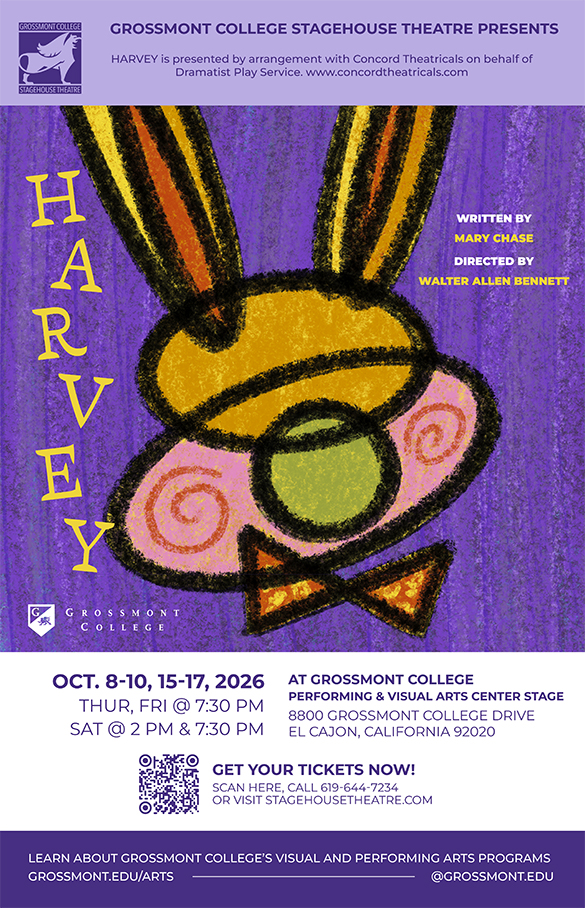 Purple poster with an abstract line drawing of a rabbit. The title, Harvey, is running vertically on the left side.
