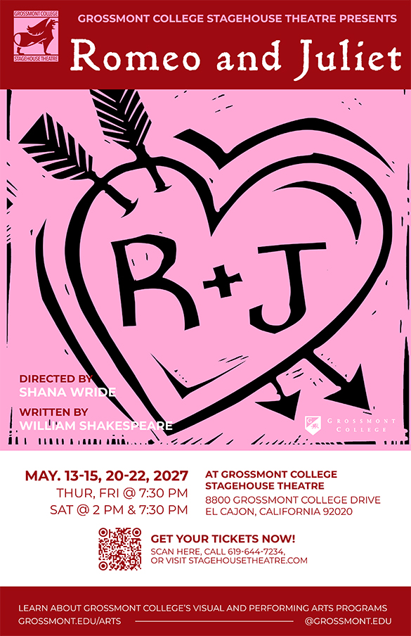 Pink poster with a wood carving of a heart. Inside are the initials R & J. There are two arrows peircing the heart from top left to lower right.