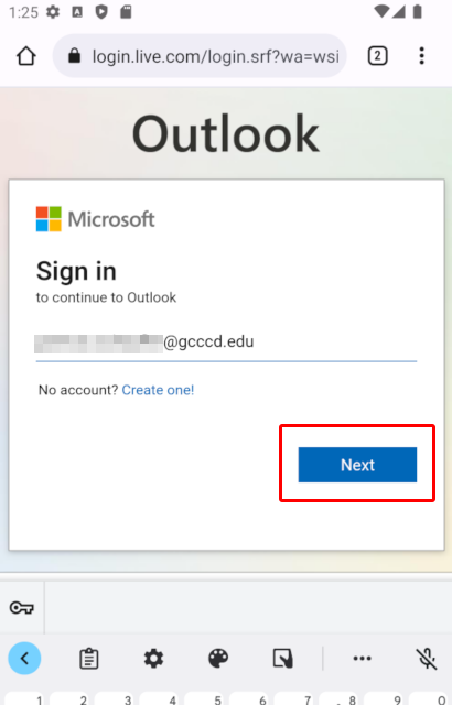 Screenshot of Outlook Sign in
