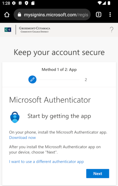 Screenshot of Authenticator App Requirement